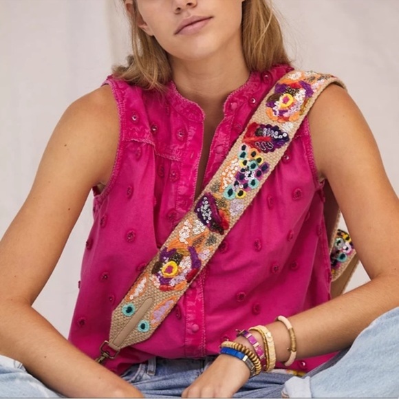 Anthropologie Pilcro Adira Beaded Button Down Hot Pink Top Women’s Size Medium - Picture 2 of 6